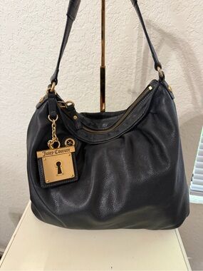 Juicy Couture Black Vintage Shoulder Hobo Bag with Gold Lock Charm